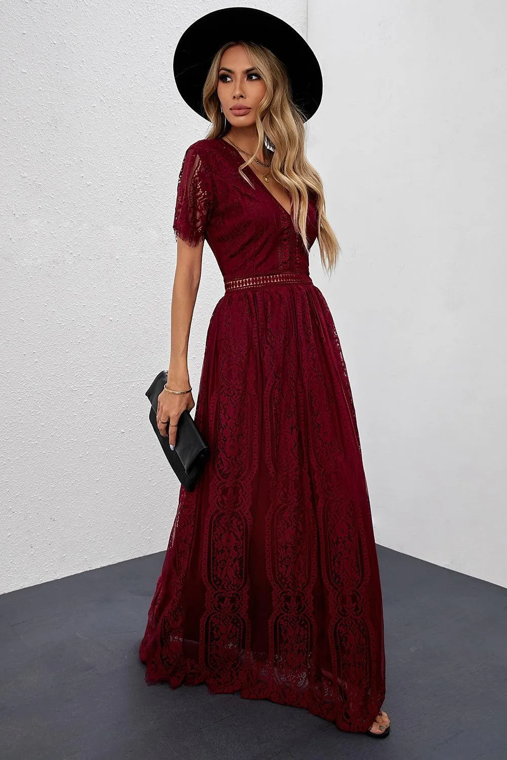 Elegant Royal Lace Maxi Dress with V-Neckline