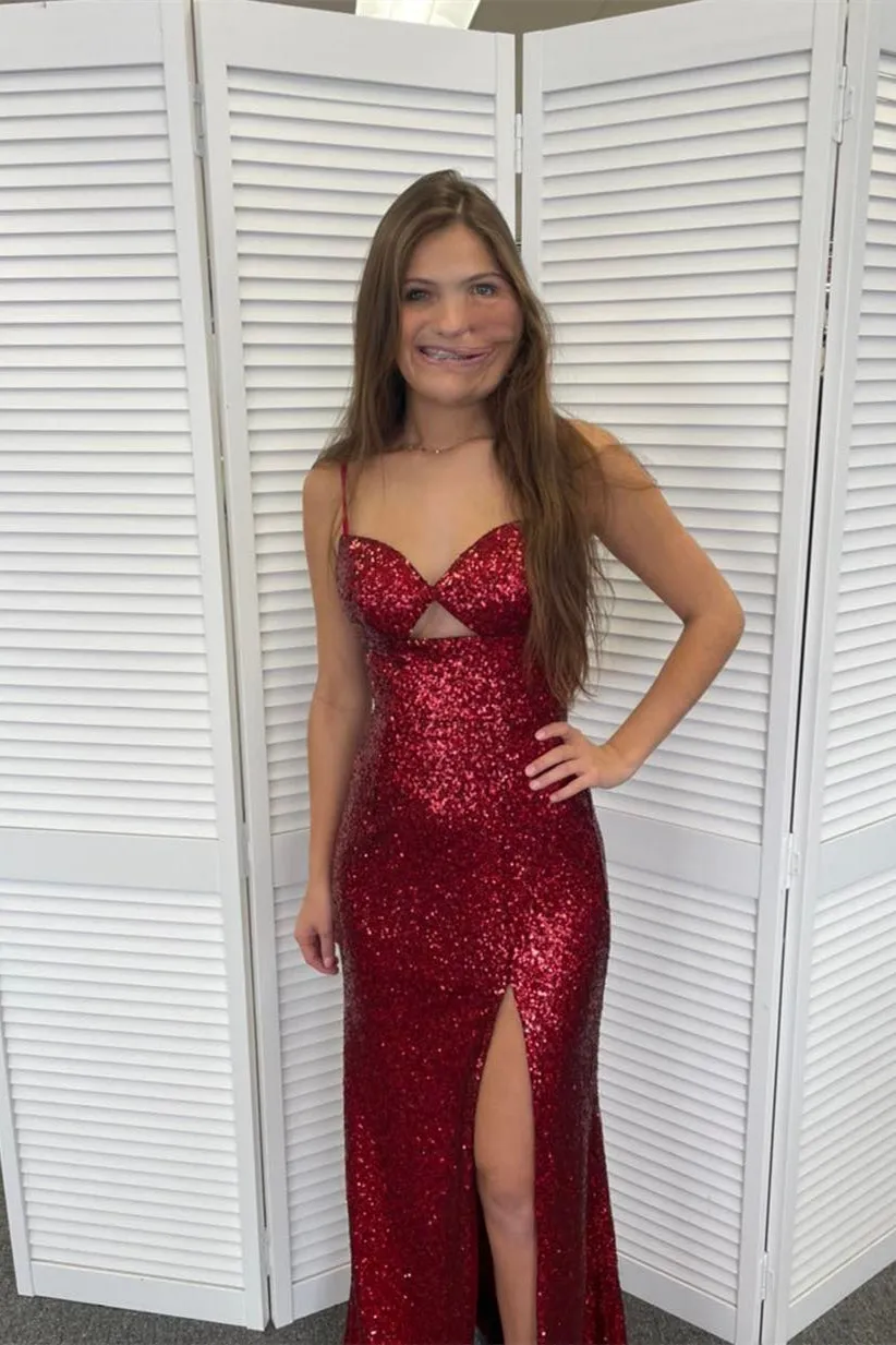 Elegant Straps Sequin Keyhole Slit Long Prom Dress