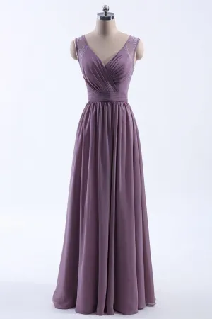 Elegant V Neck Chiffon A-line Long Bridesmaid Dress