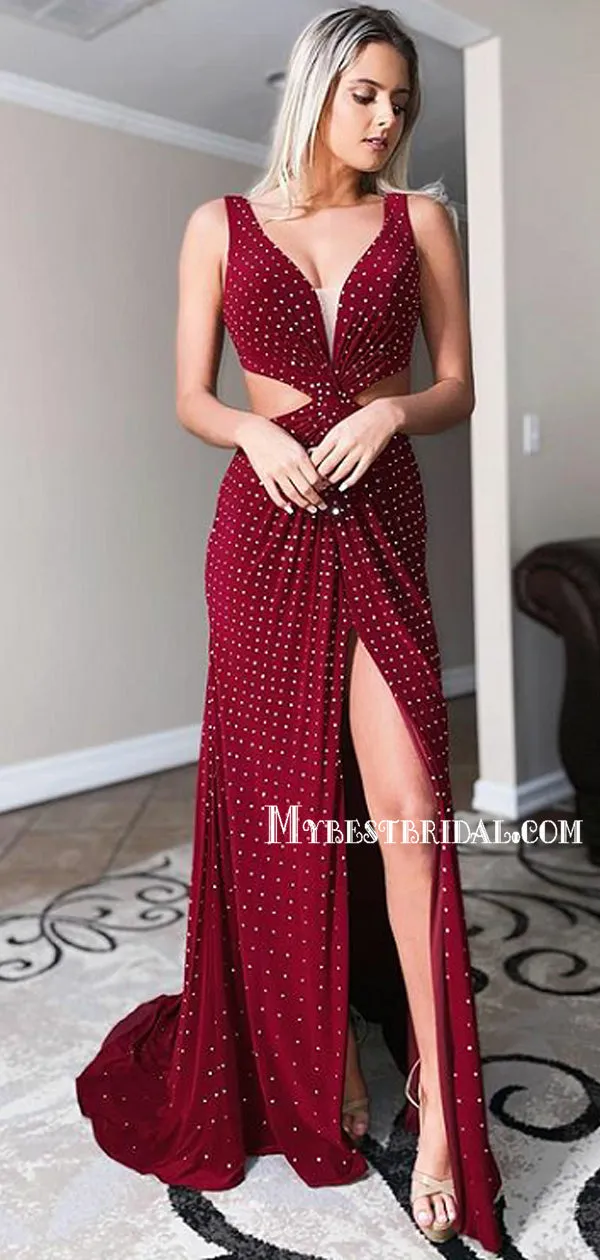 Elegent V-neck Side Slit Sleeveless Mermaid Long Prom Dresses, PDS0150