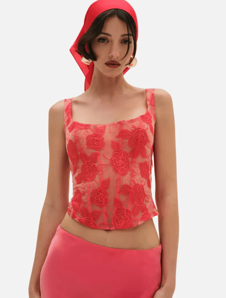 Embroidered Roses Corset Top - Red