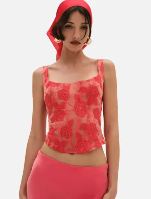Embroidered Roses Corset Top - Red