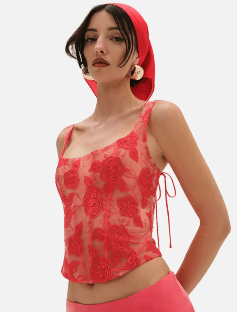 Embroidered Roses Corset Top - Red