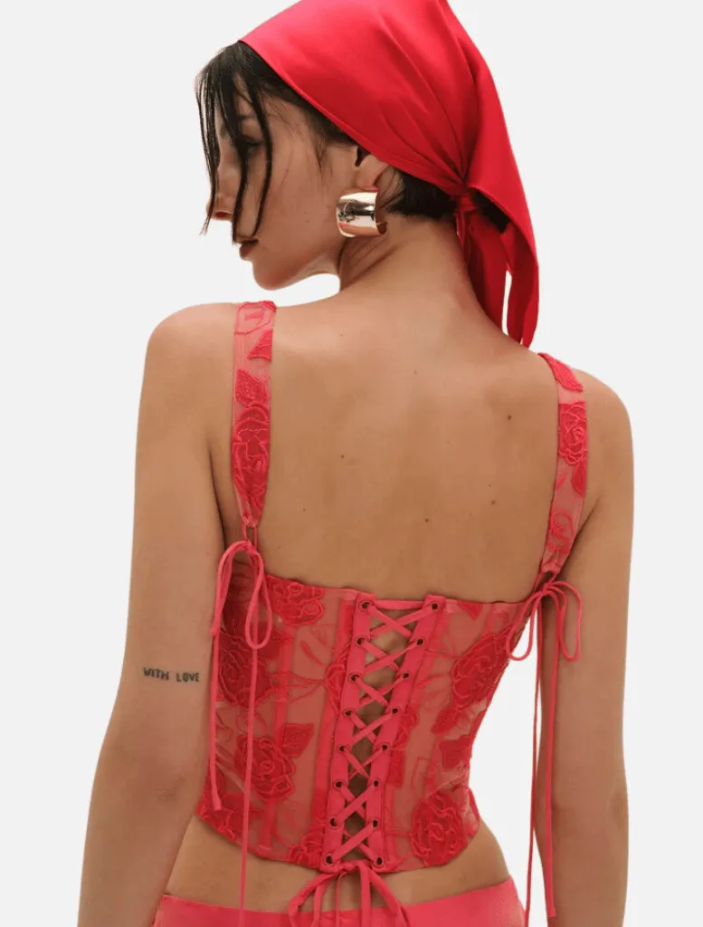 Embroidered Roses Corset Top - Red