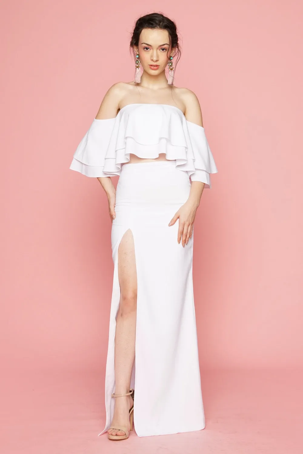 EMILIA DRESS SET  Layered Off Shoulder Top   High Slit Skirt (White)