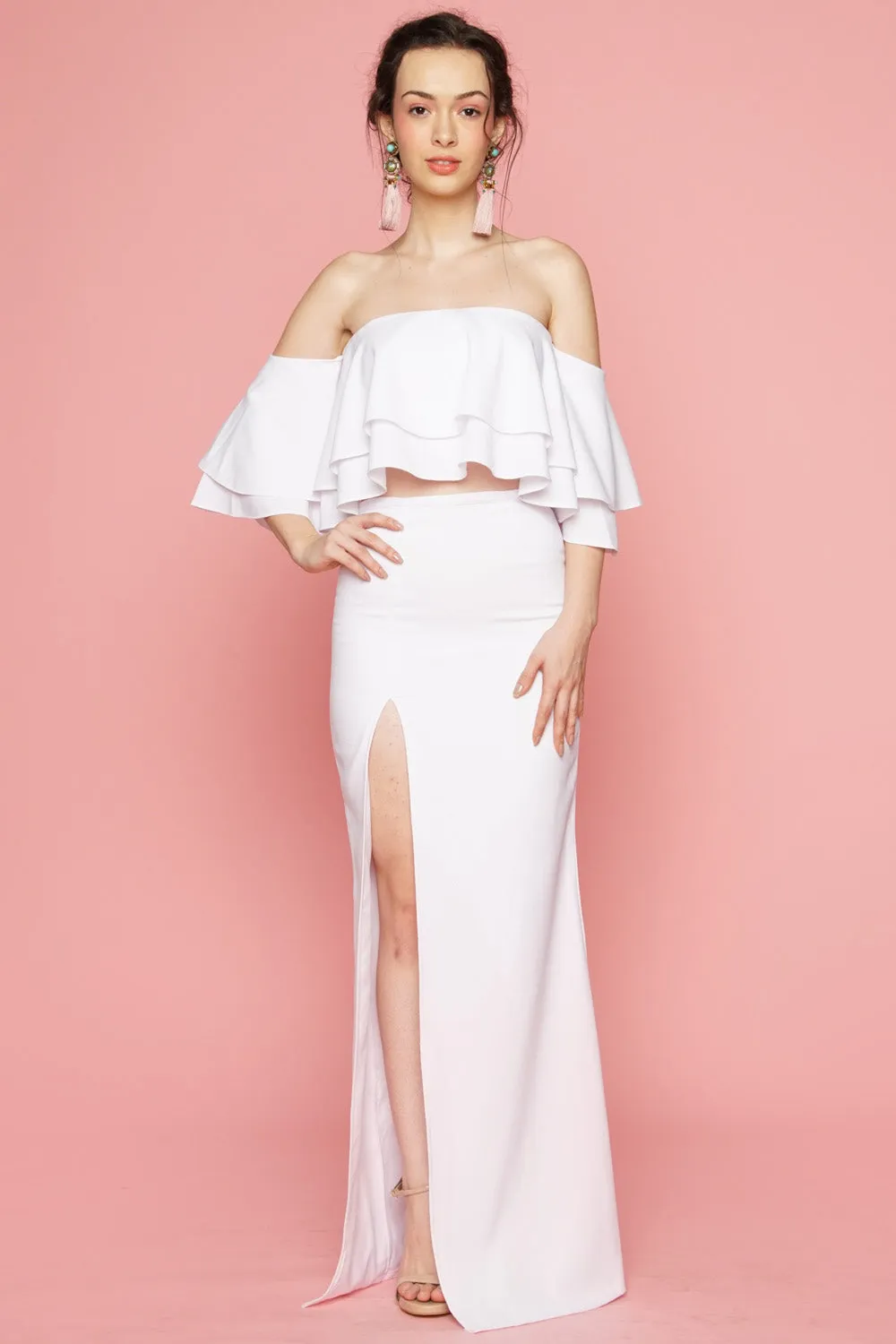 EMILIA DRESS SET  Layered Off Shoulder Top   High Slit Skirt (White)