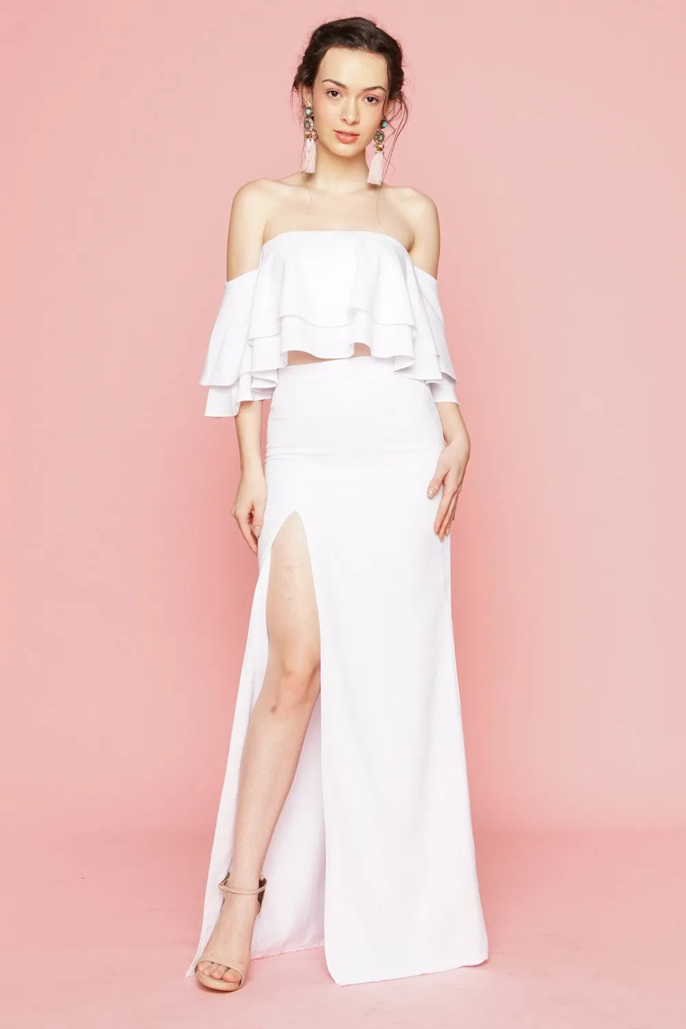 EMILIA DRESS SET  Layered Off Shoulder Top   High Slit Skirt (White)