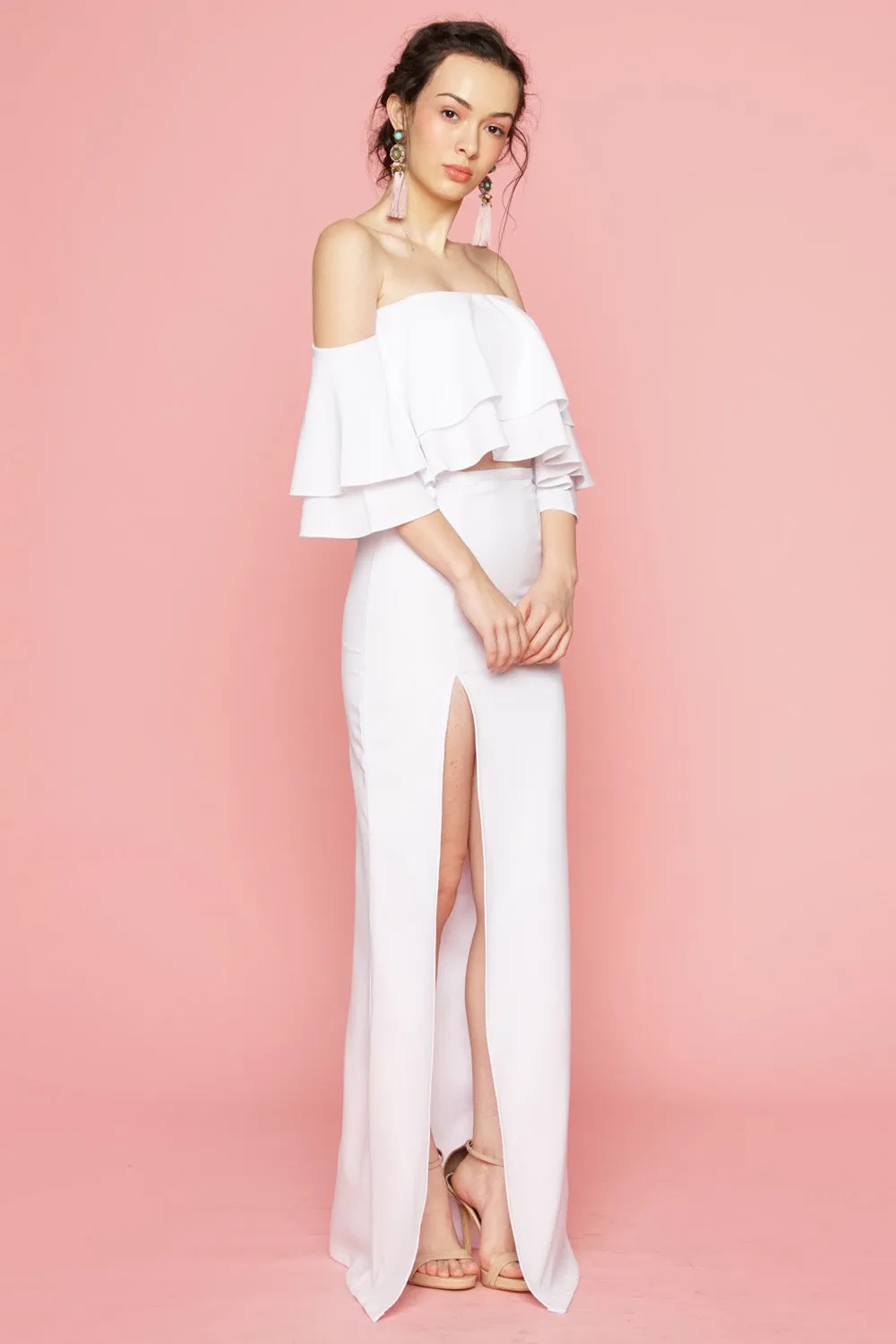 EMILIA DRESS SET  Layered Off Shoulder Top   High Slit Skirt (White)