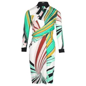 Emilio Pucci White / Green Multi Printed Long Sleeved Viscose Crepe Dress