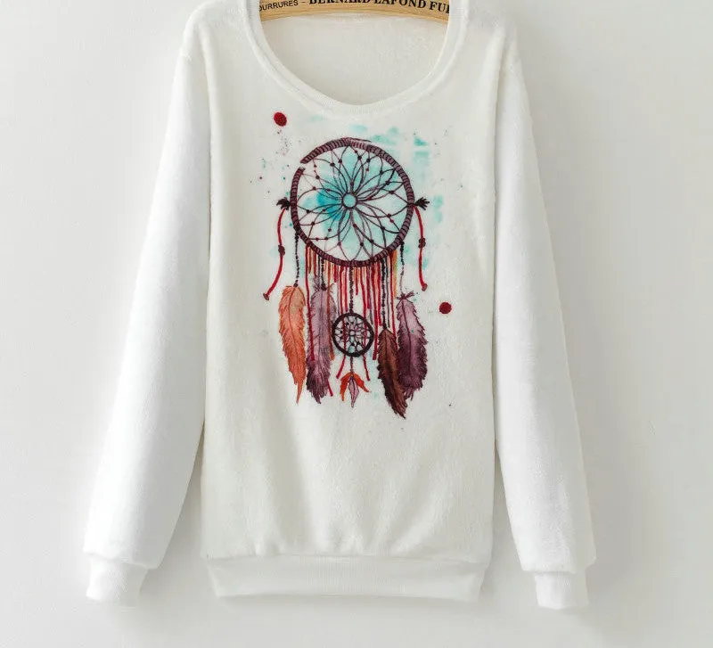 Fashion Women Long Sleeve Flannel Tracksuit Hoodie Dream Catcher Print Casual Pullover Sweatshirt