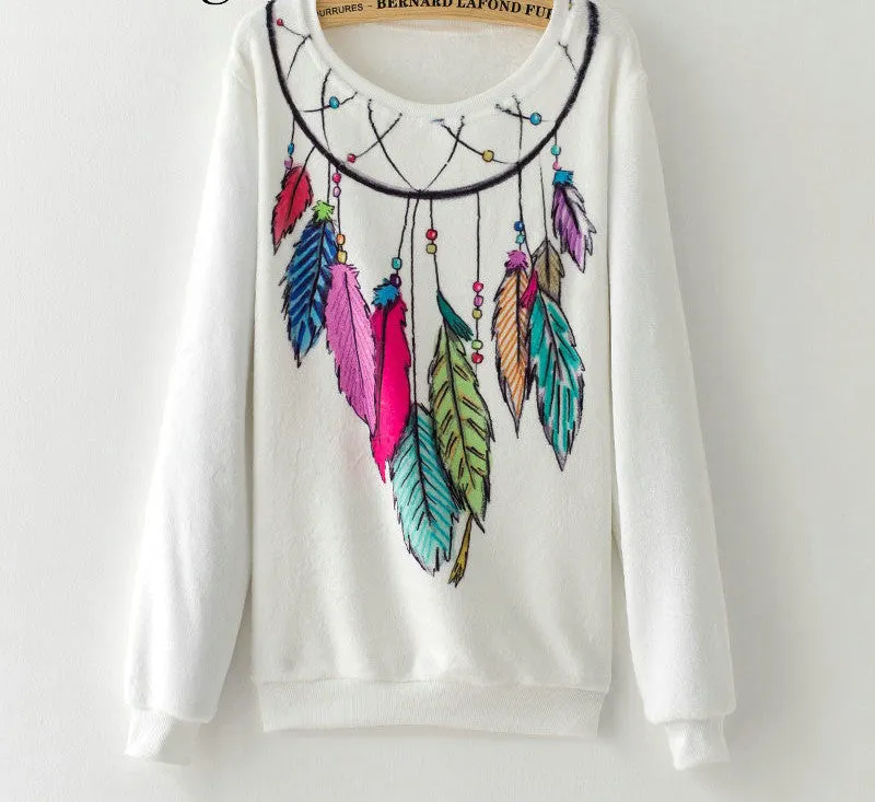 Fashion Women Long Sleeve Flannel Tracksuit Hoodie Dream Catcher Print Casual Pullover Sweatshirt