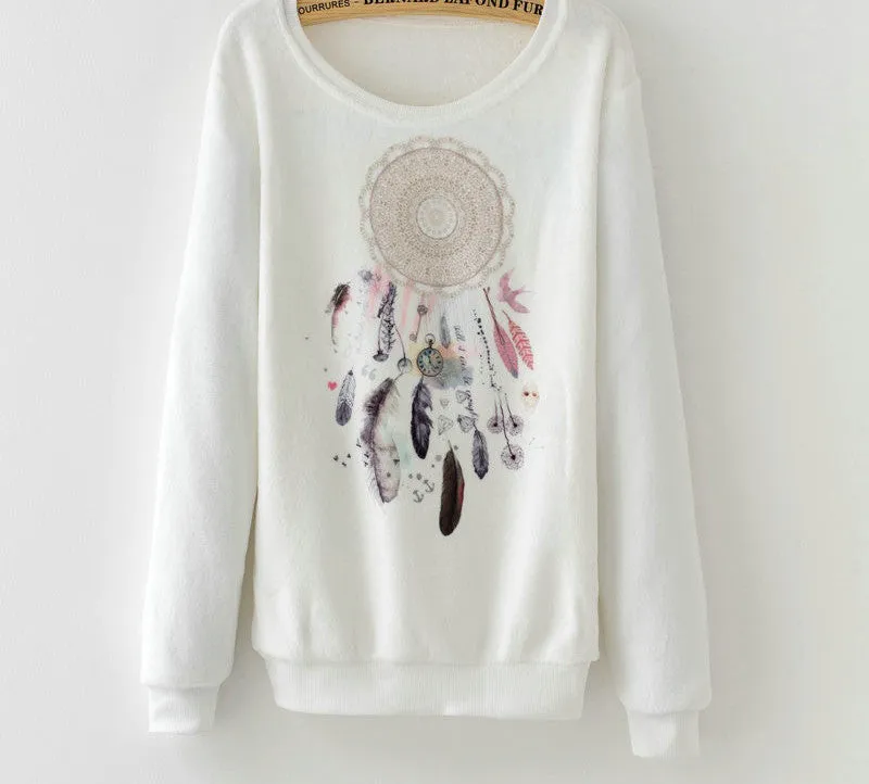 Fashion Women Long Sleeve Flannel Tracksuit Hoodie Dream Catcher Print Casual Pullover Sweatshirt