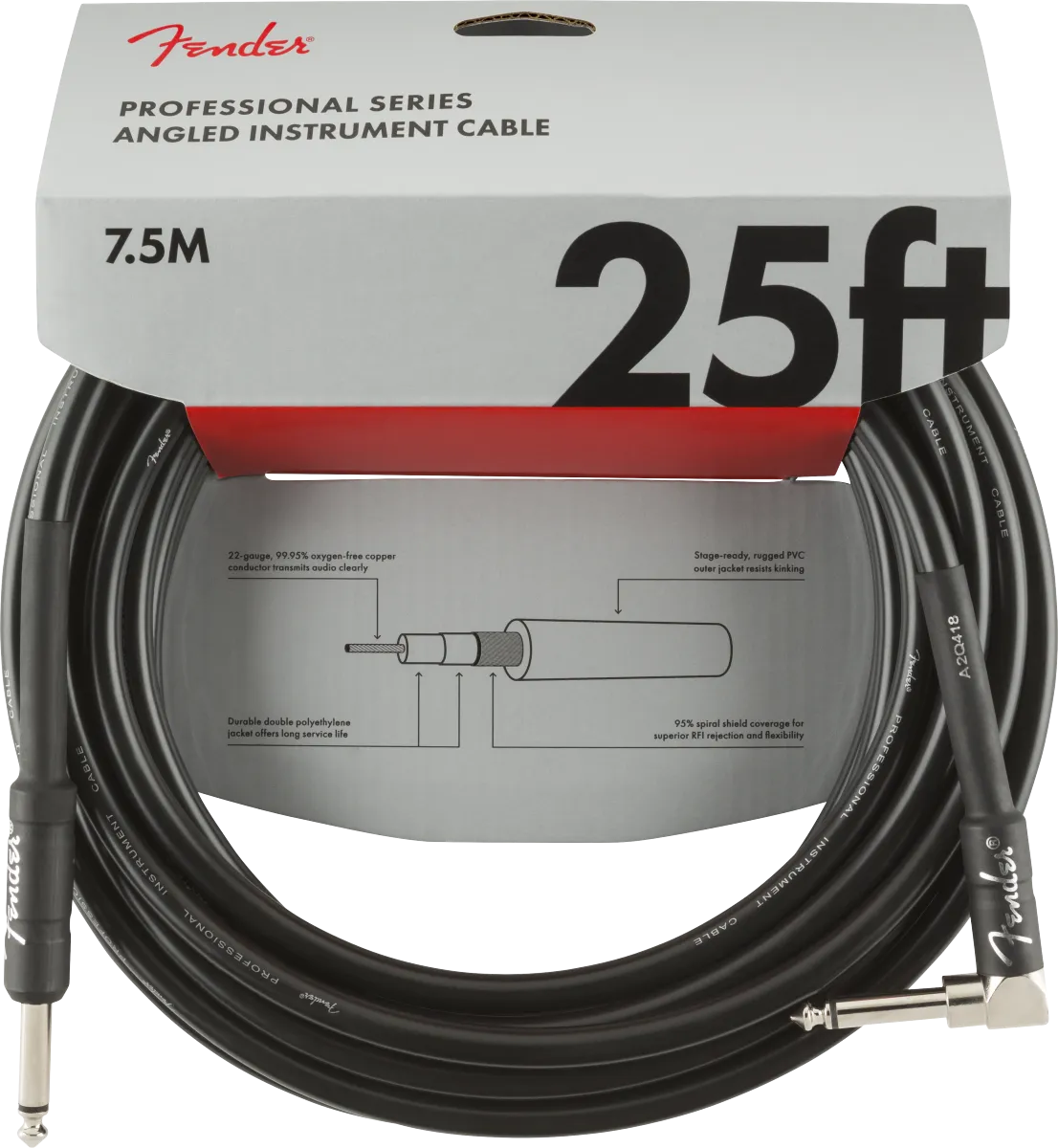 Fender Professional Series Instrument Cable, Straight-Angle, 25', Black