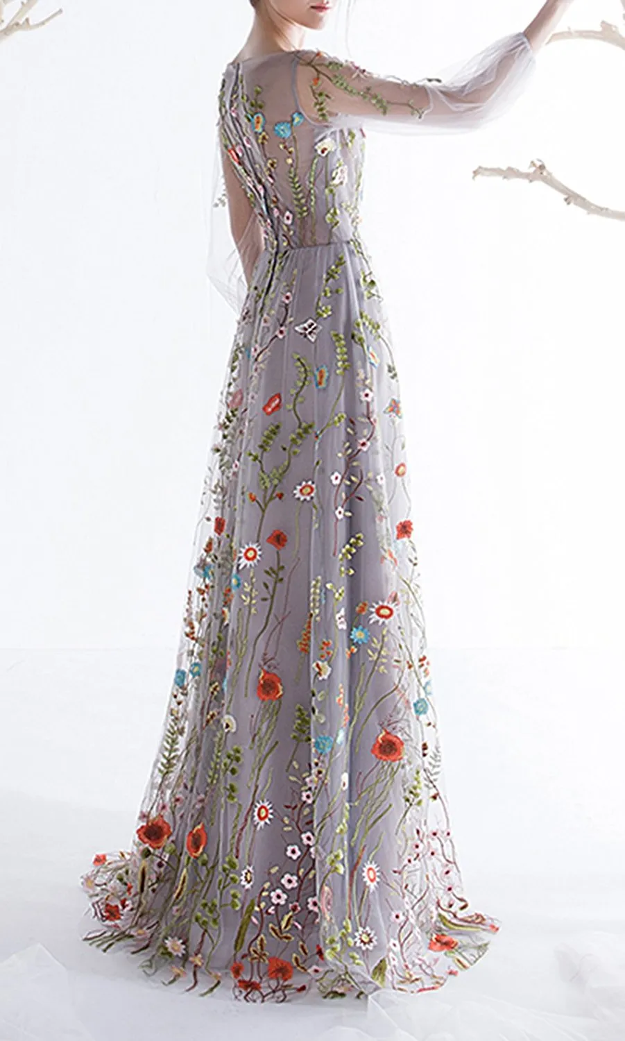 Floral Embroidery Long Sleeves Prom Dress