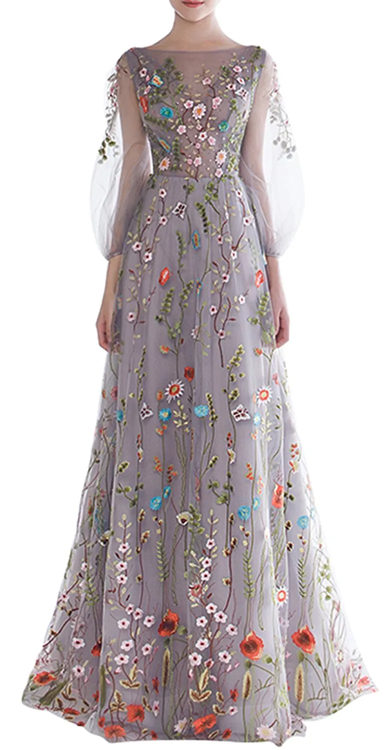 Floral Embroidery Long Sleeves Prom Dress