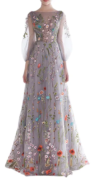 Floral Embroidery Long Sleeves Prom Dress