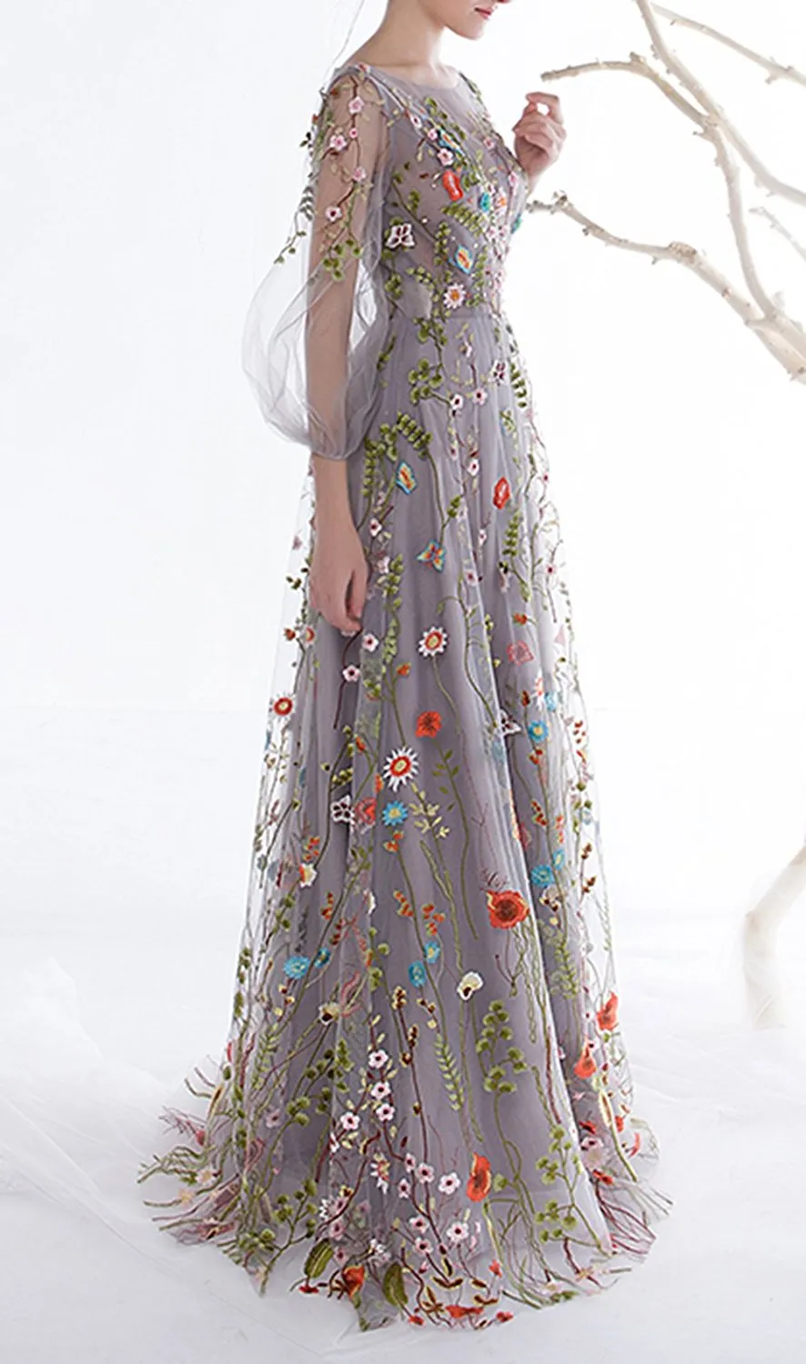 Floral Embroidery Long Sleeves Prom Dress