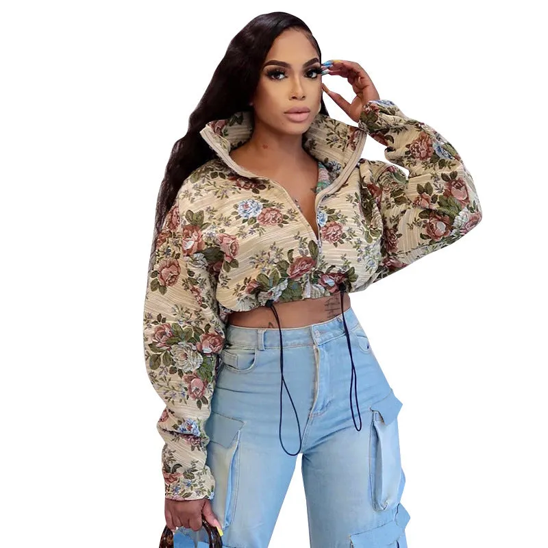 Floral Jacquard Cropped Jacket with Drawstring and Turndown Collar