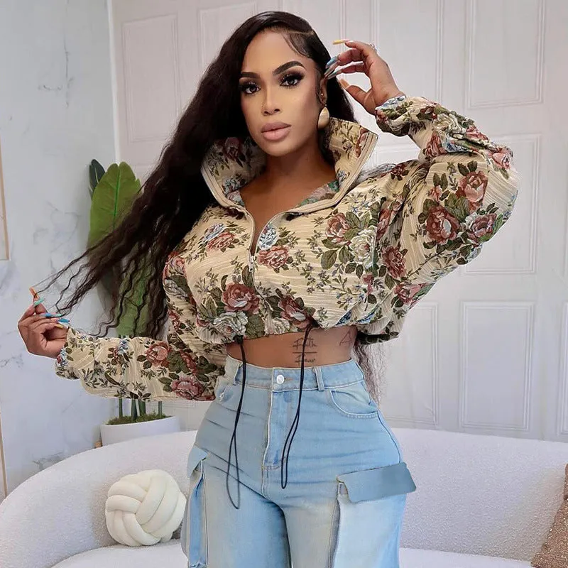 Floral Jacquard Cropped Jacket with Drawstring and Turndown Collar