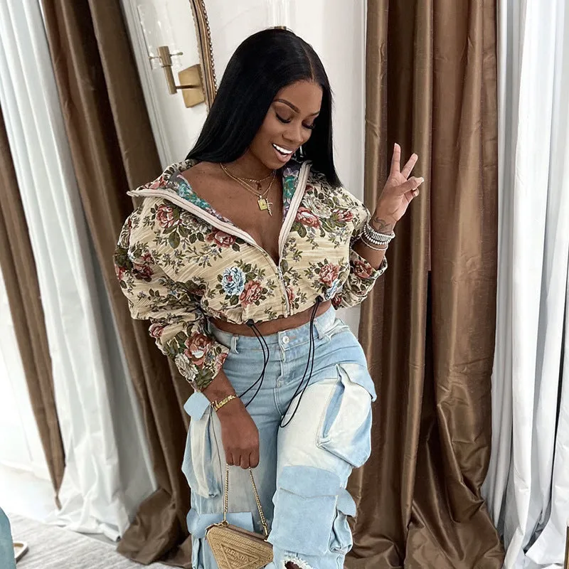 Floral Jacquard Cropped Jacket with Drawstring and Turndown Collar
