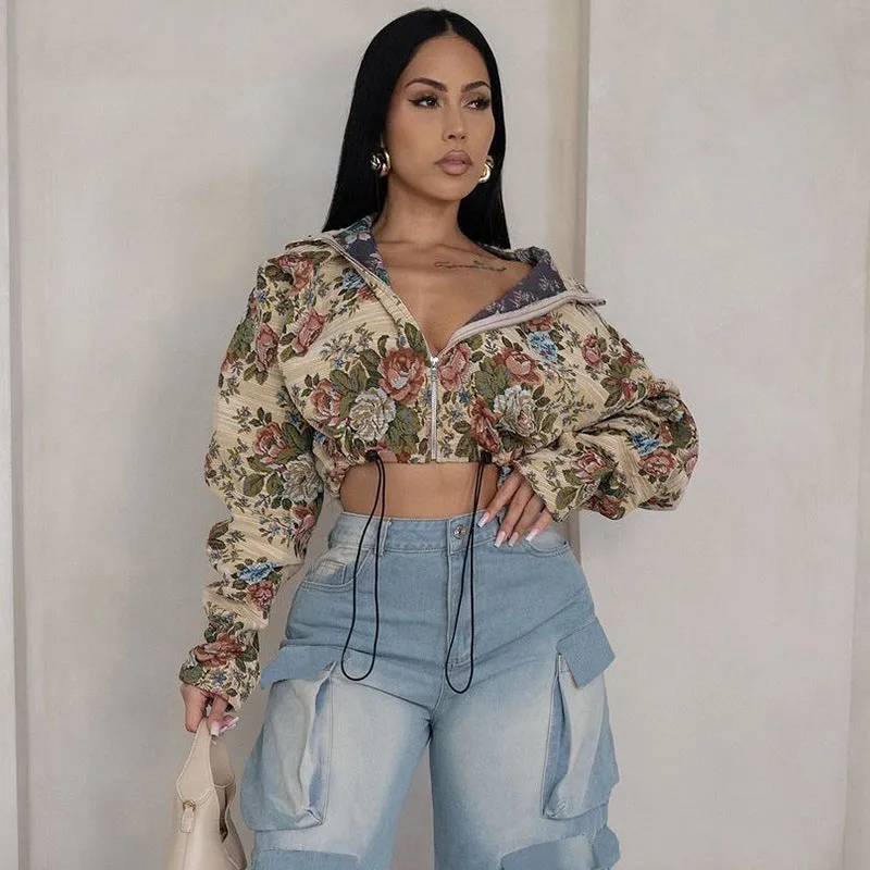 Floral Jacquard Cropped Jacket with Drawstring and Turndown Collar