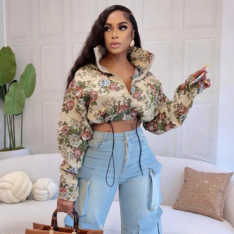 Floral Jacquard Cropped Jacket with Drawstring and Turndown Collar