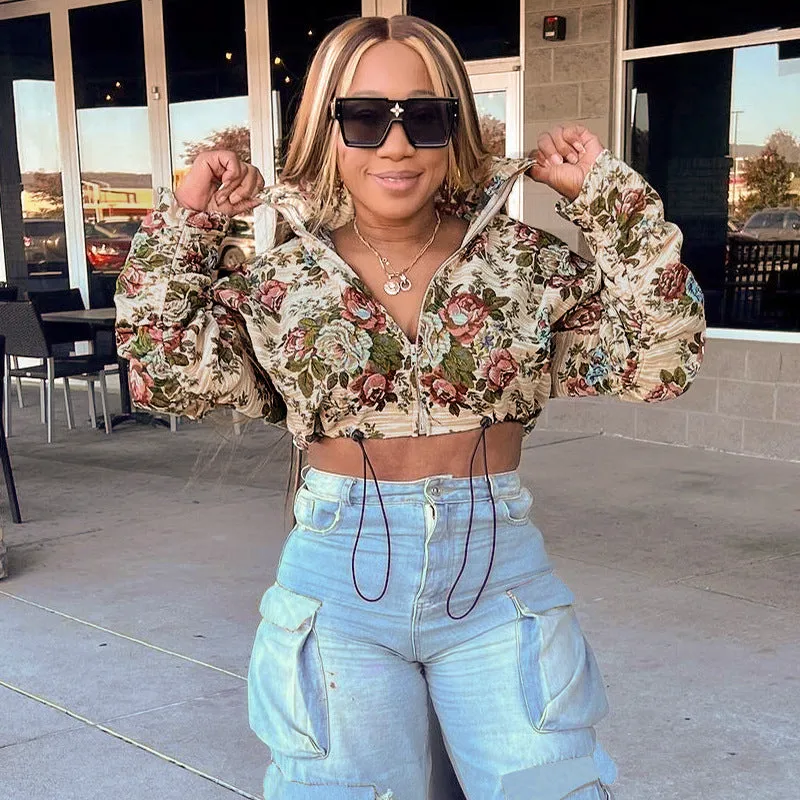 Floral Jacquard Cropped Jacket with Drawstring and Turndown Collar