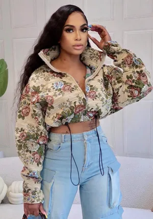 Floral Jacquard Cropped Jacket with Drawstring and Turndown Collar