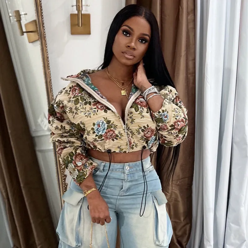 Floral Jacquard Cropped Jacket with Drawstring and Turndown Collar