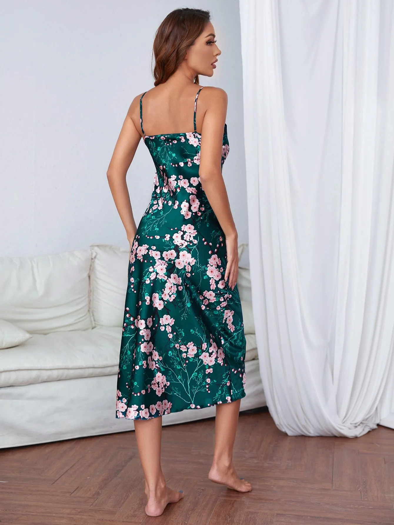 Floral Print Split Side Satin Slip Nightdress