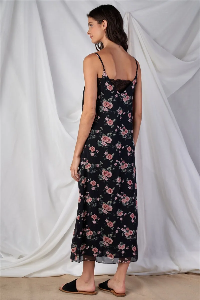 Floral Print V-neck Straight Fit Sleeveless Maxi Dress With Lace Bustier Underline Detail