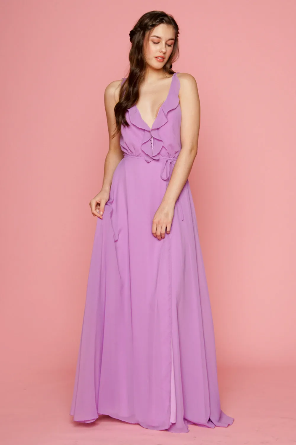 FLORENCE Ruffle Chiffon Maxi Dress with Wrap Skirt (Lavender)