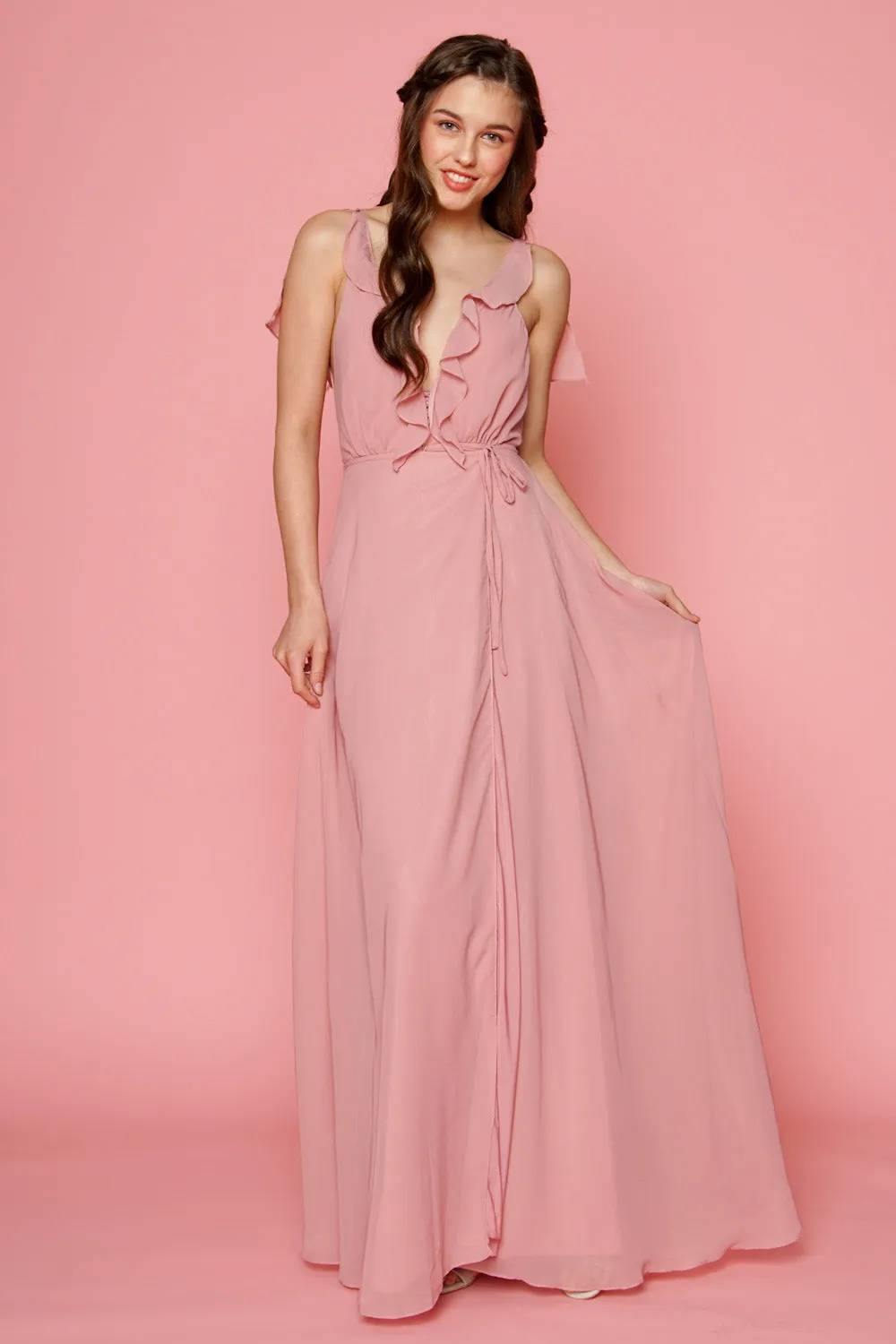 FLORENCE Ruffle Chiffon Maxi Dress with Wrap Skirt (Old Rose)