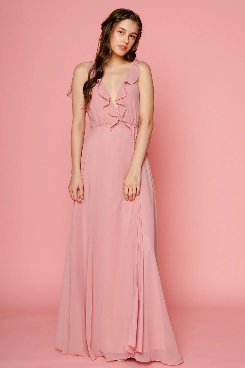 FLORENCE Ruffle Chiffon Maxi Dress with Wrap Skirt (Old Rose)