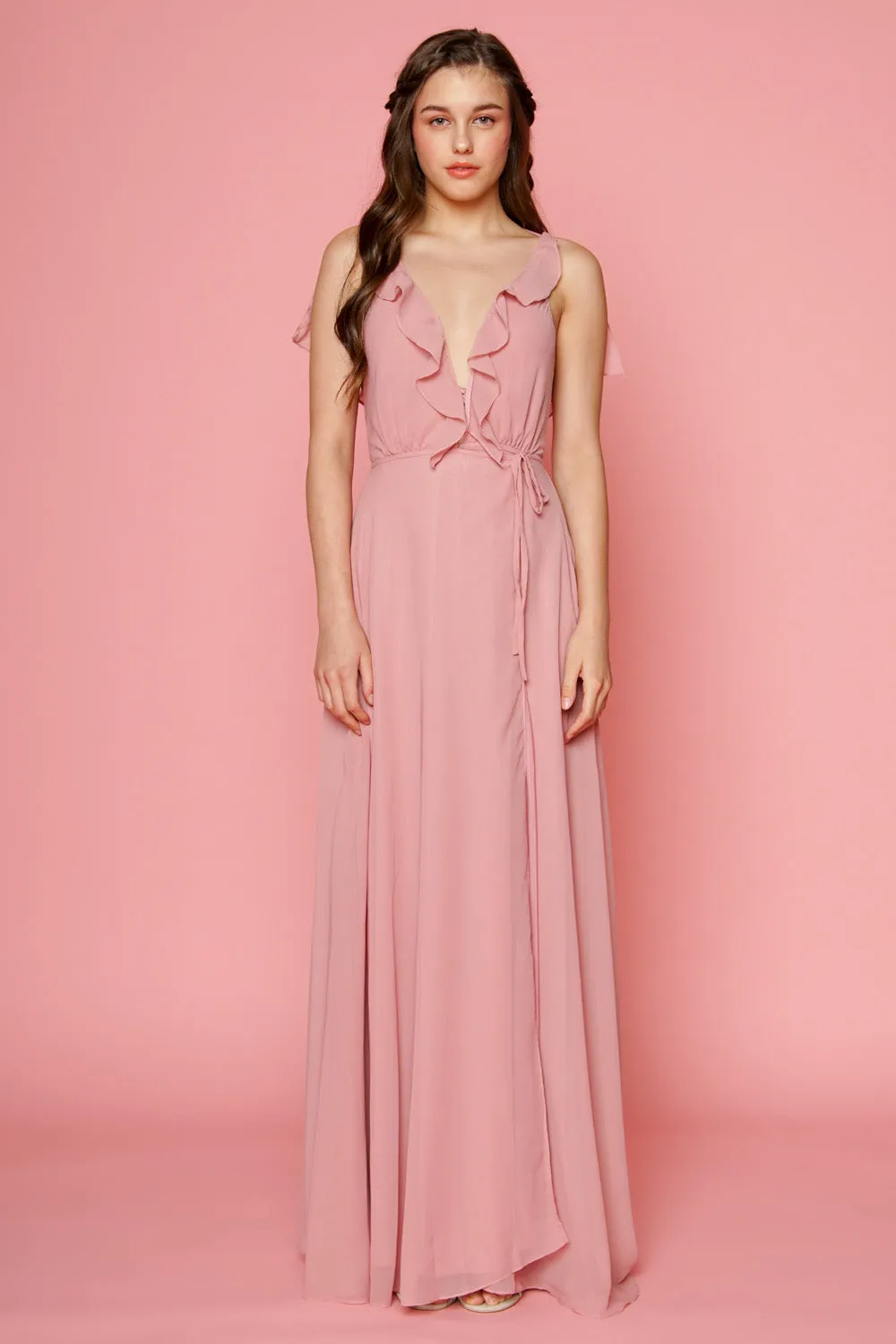 FLORENCE Ruffle Chiffon Maxi Dress with Wrap Skirt (Old Rose)