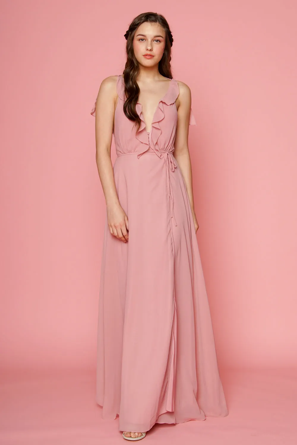 FLORENCE Ruffle Chiffon Maxi Dress with Wrap Skirt (Old Rose)