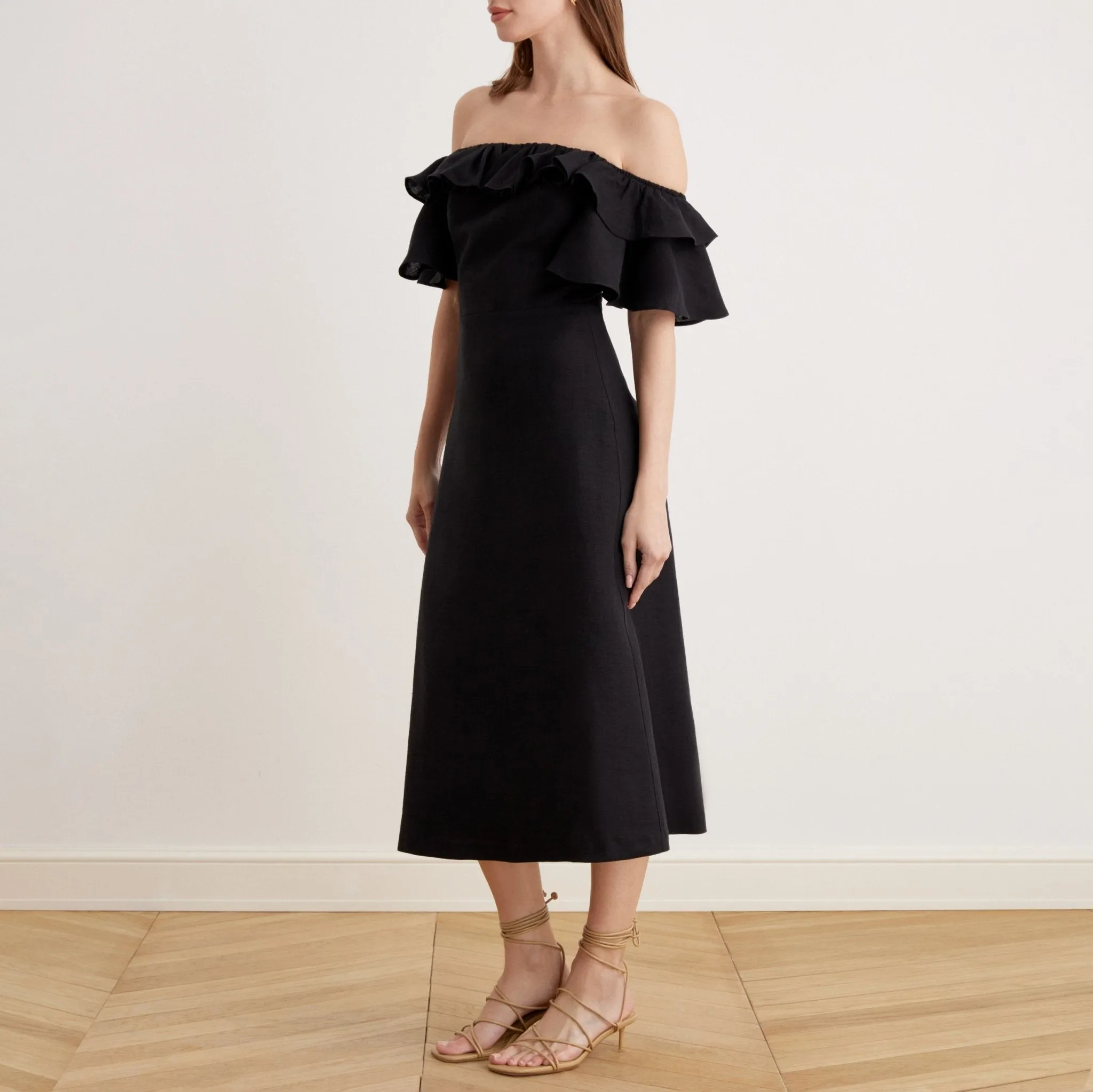 Frill Off Shoulder Midi Dress in Linen