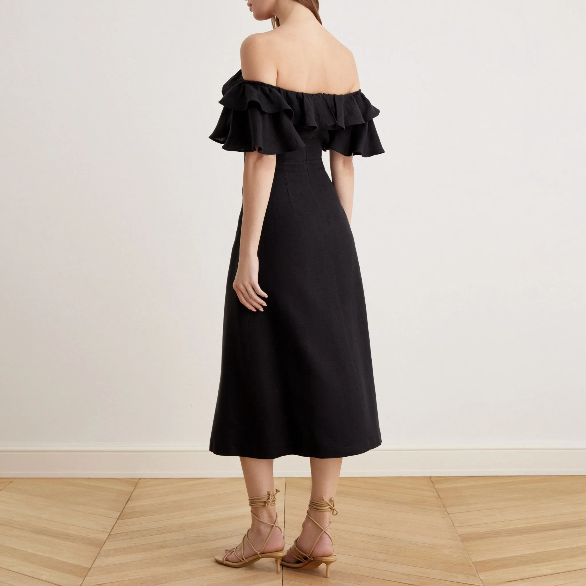Frill Off Shoulder Midi Dress in Linen