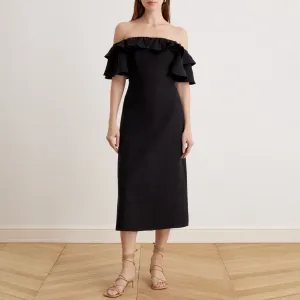 Frill Off Shoulder Midi Dress in Linen