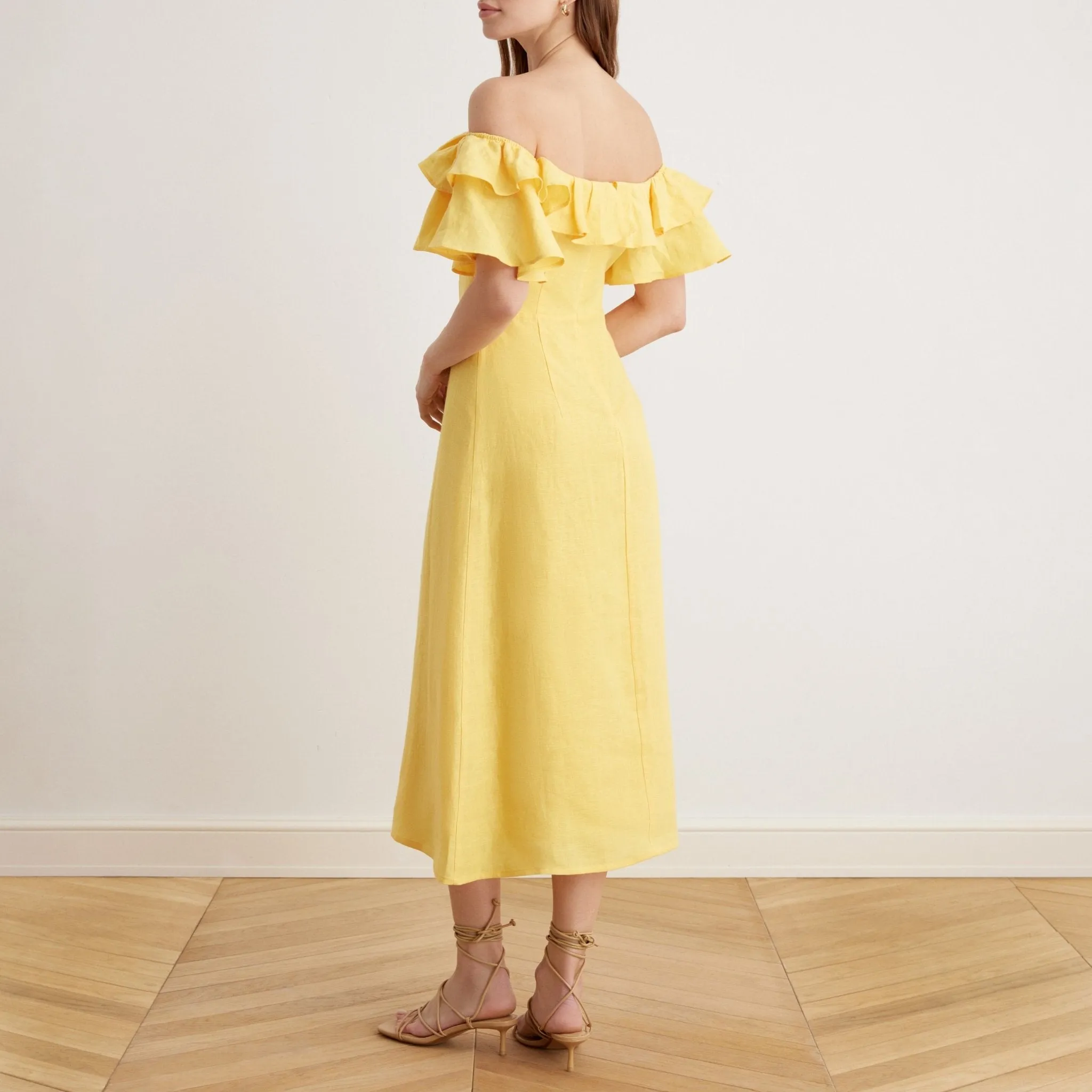 Frill Off Shoulder Midi Dress in Linen