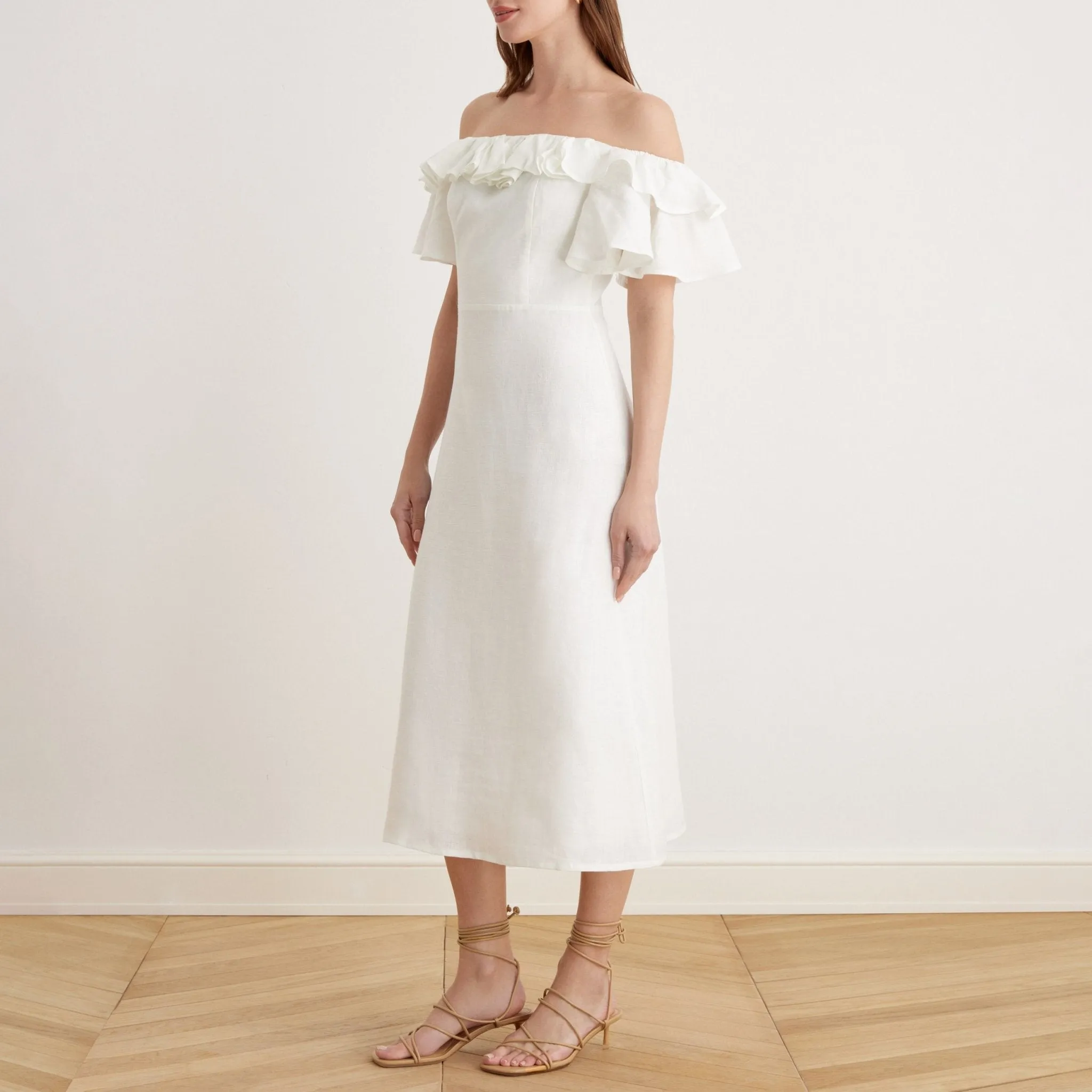 Frill Off Shoulder Midi Dress in Linen
