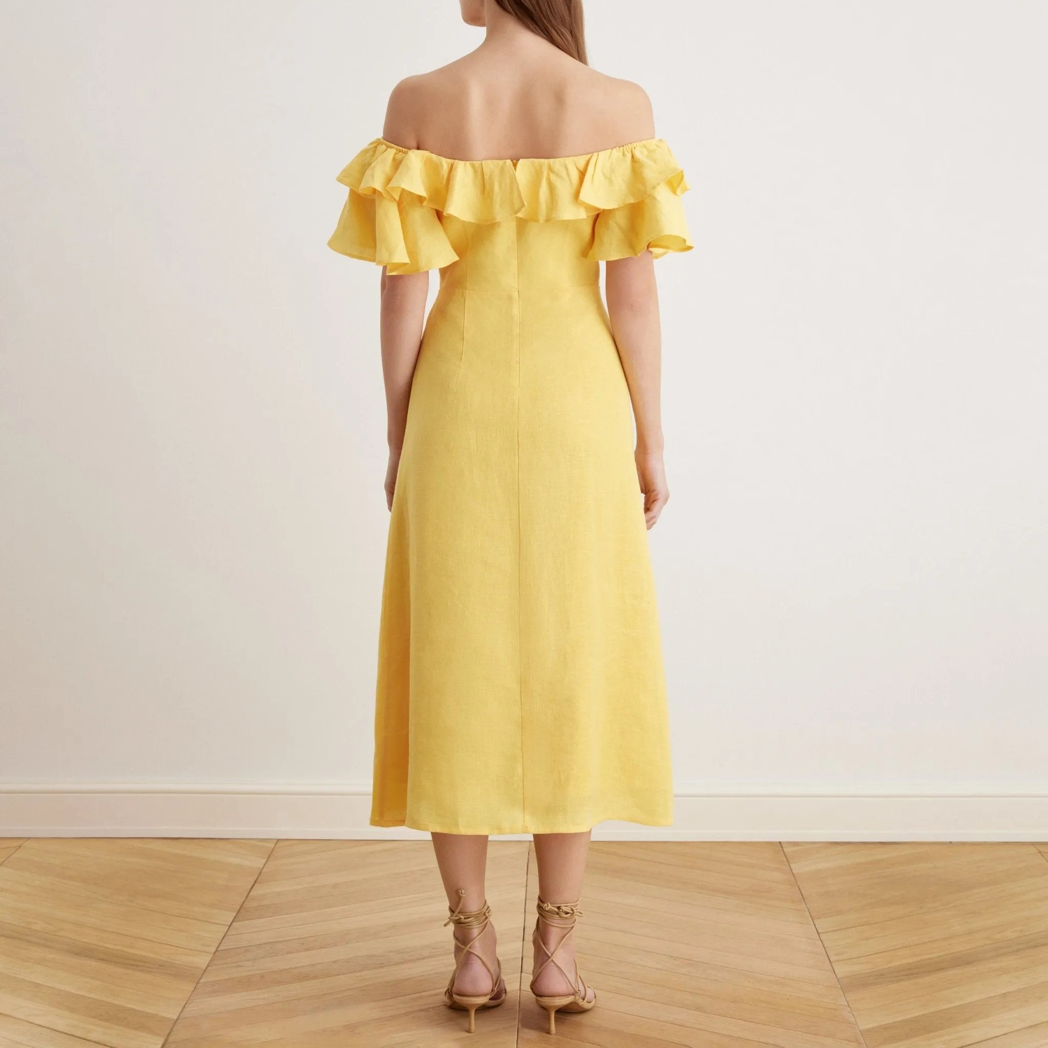 Frill Off Shoulder Midi Dress in Linen