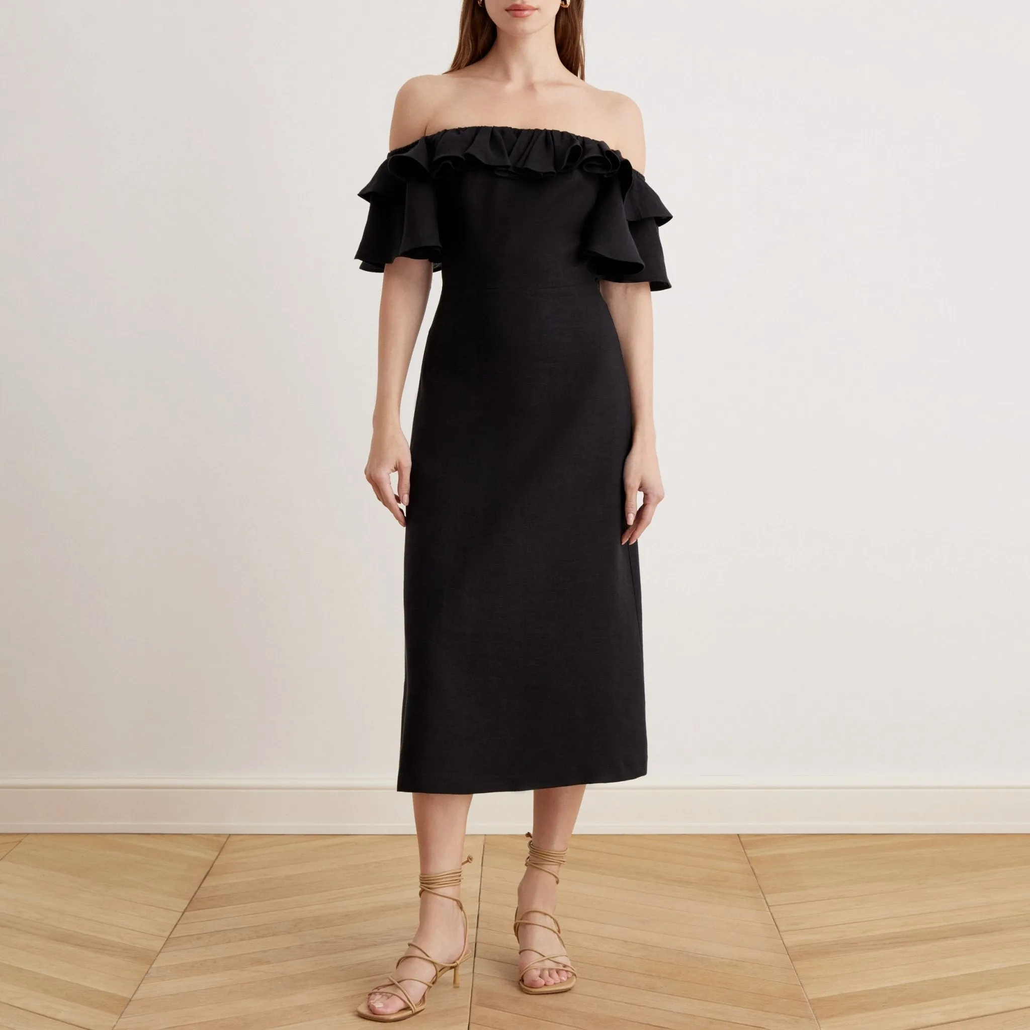 Frill Off Shoulder Midi Dress in Linen