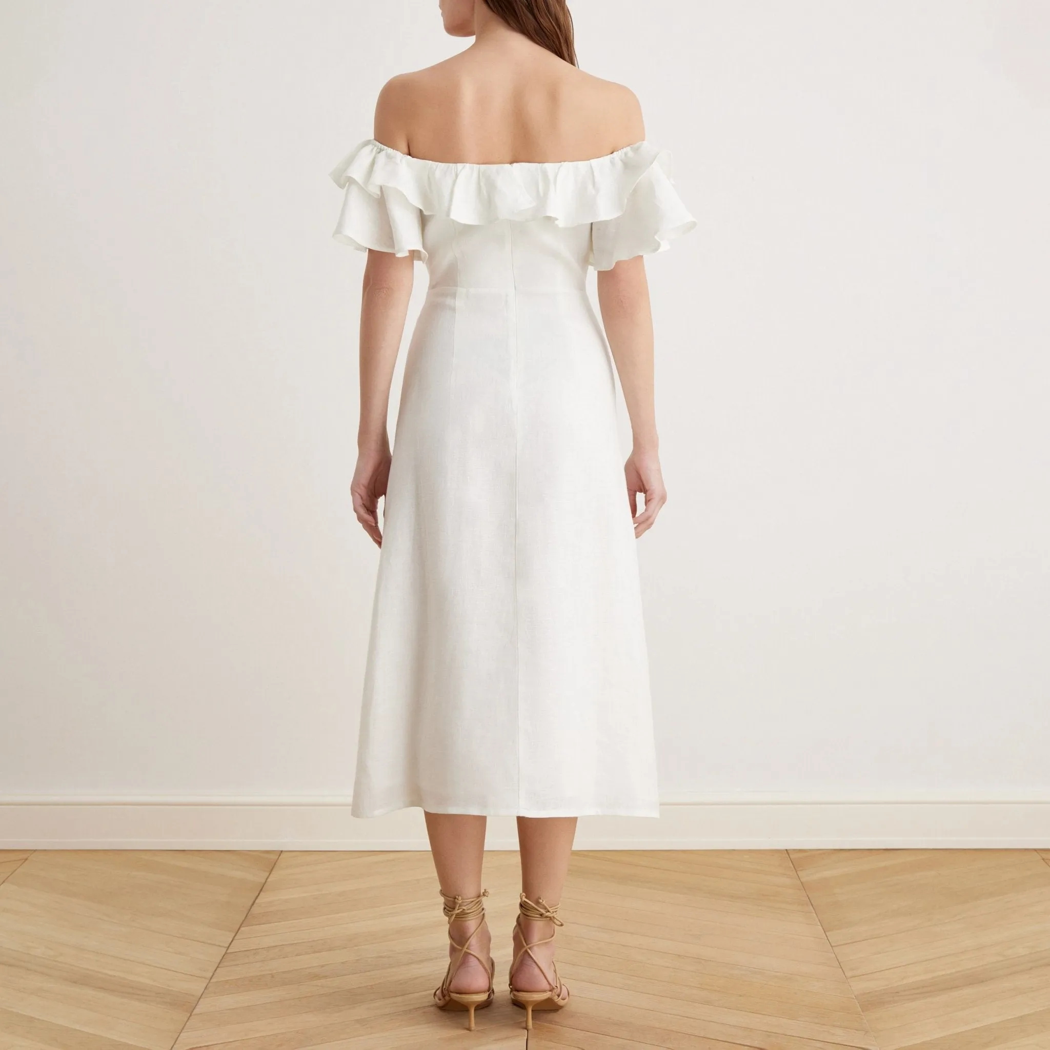 Frill Off Shoulder Midi Dress in Linen