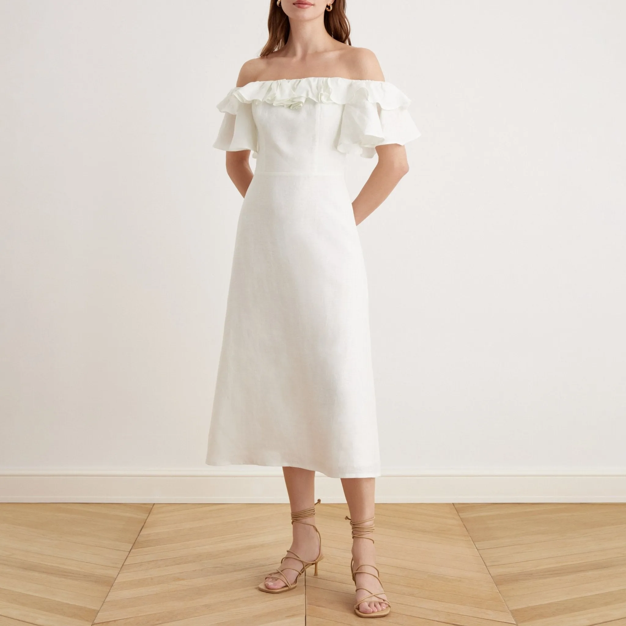 Frill Off Shoulder Midi Dress in Linen