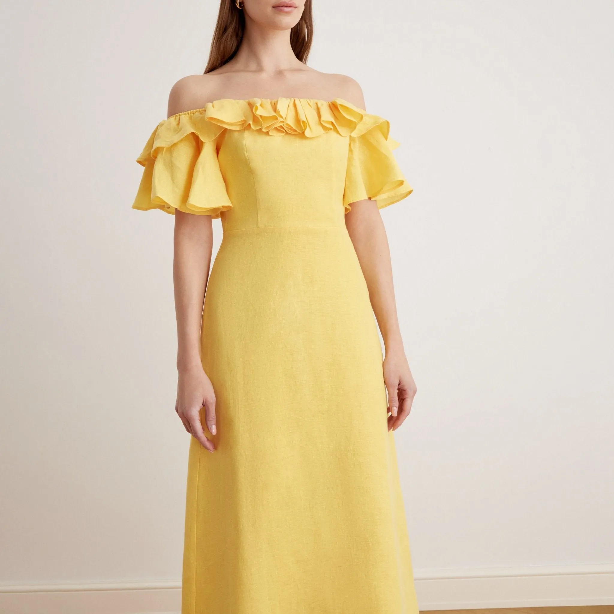 Frill Off Shoulder Midi Dress in Linen