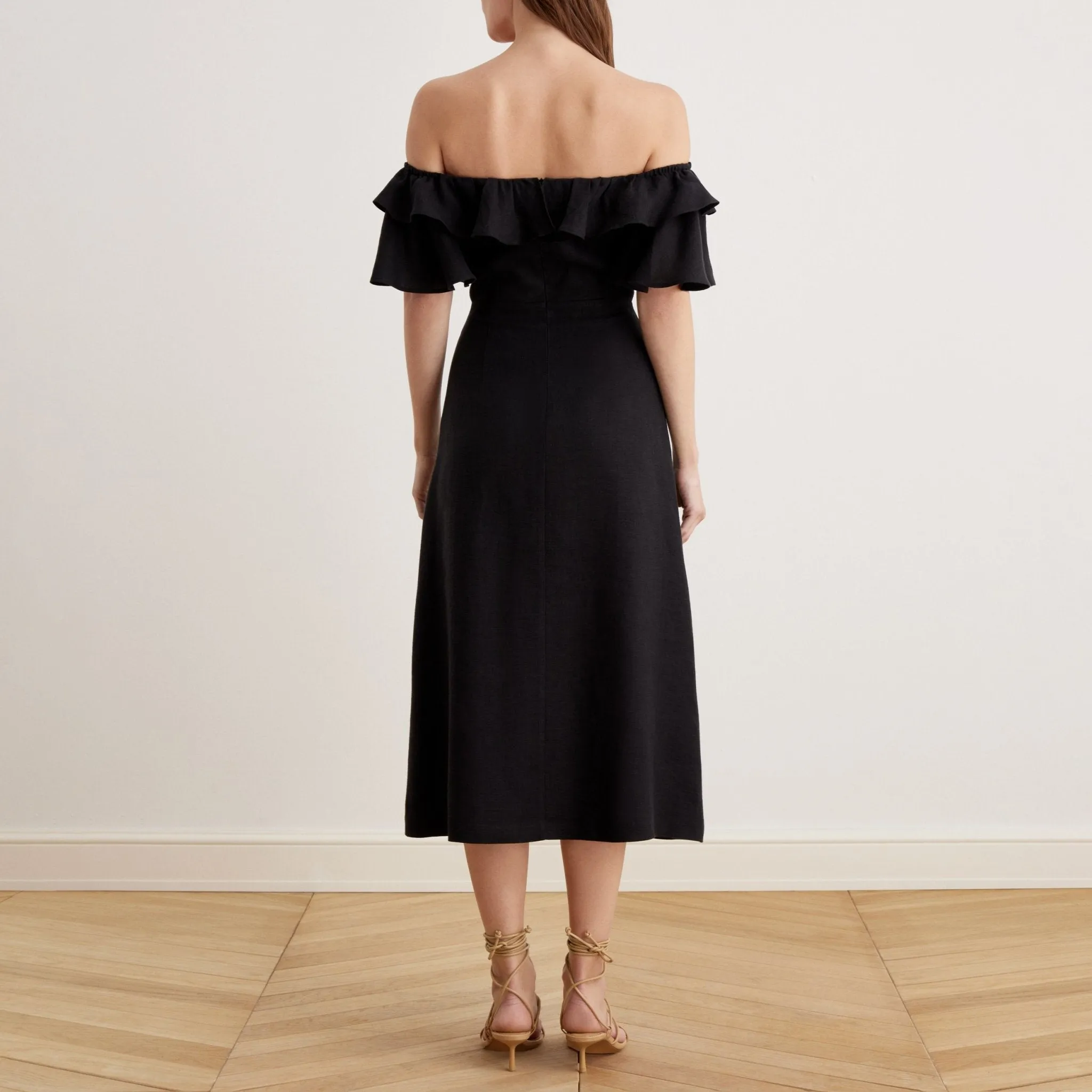 Frill Off Shoulder Midi Dress in Linen