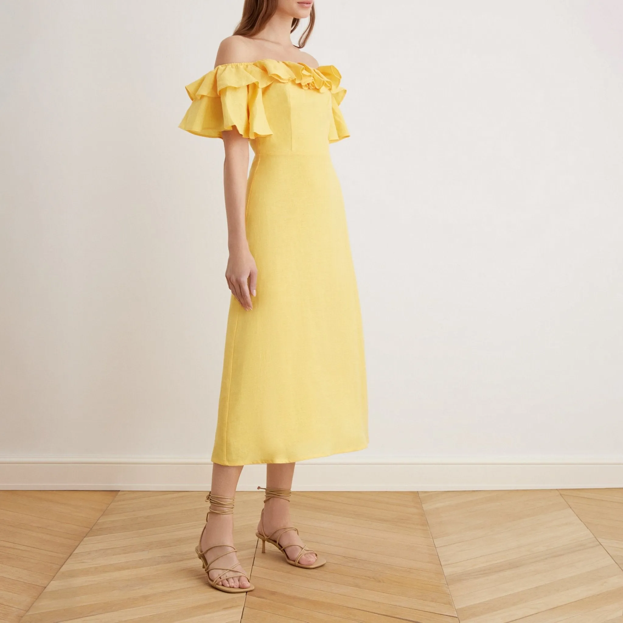 Frill Off Shoulder Midi Dress in Linen