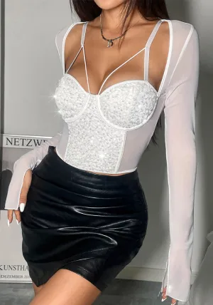 Glamorous Mesh Patchwork Sequin Bust Long Sleeve Crop Top