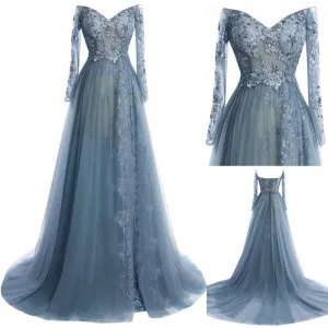 Gorgeous Lace Beaded Long Sleeve See Through Tulle Long Prom Dresses, BG0156